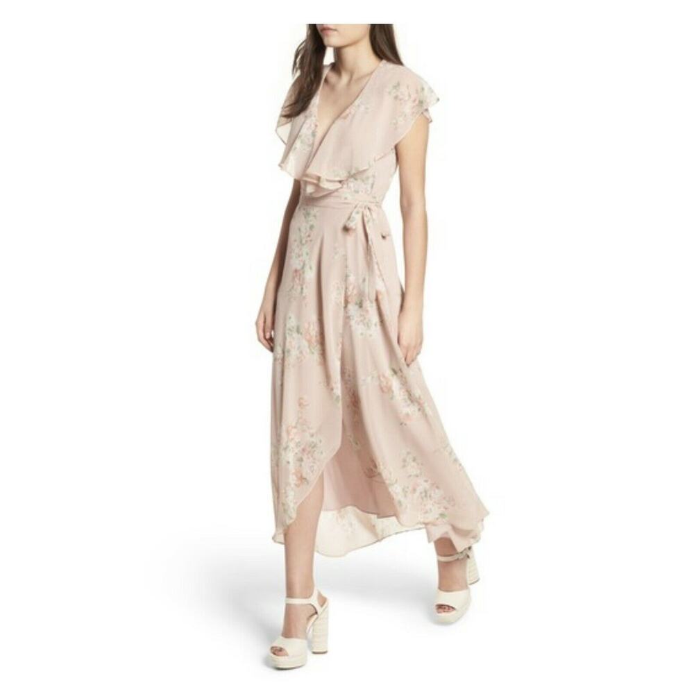 WAYF Polermo Dusty Blush Pink Floral Wrap Lined Women's Maxi Dress Size S